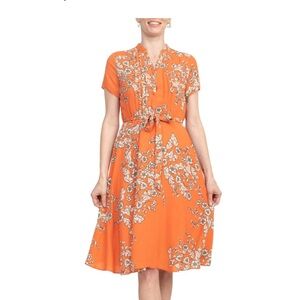 Floral Tie-Waist Orange Midi Dress